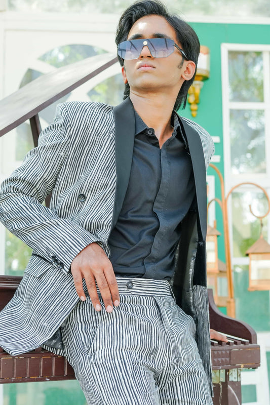 Black and White Stripes Double Breasted Tuxedo Suit