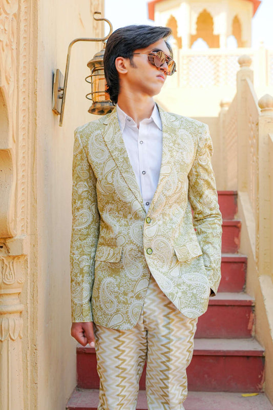 Floral Green Printed Single Breasted Jacket + Green Luxury Pants